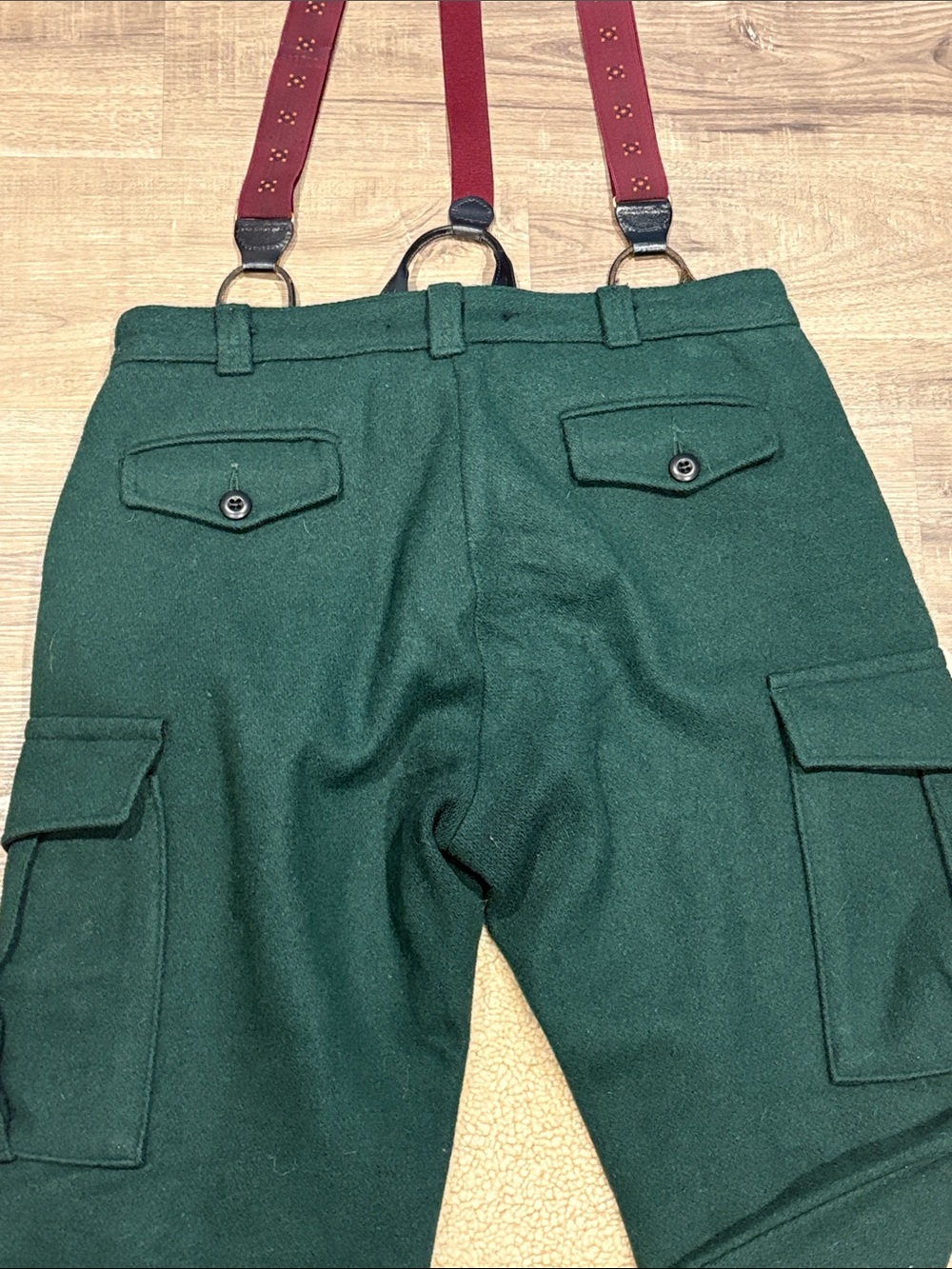 Vintage Wood'N Trail Green Wool Blend Cargo Pants and Suspenders combo